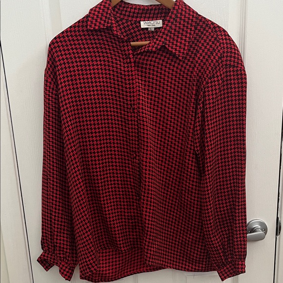 Vintage Tamotsu Women's Red &Black Houndstooth Silk Blouse - Picture 3 of 6